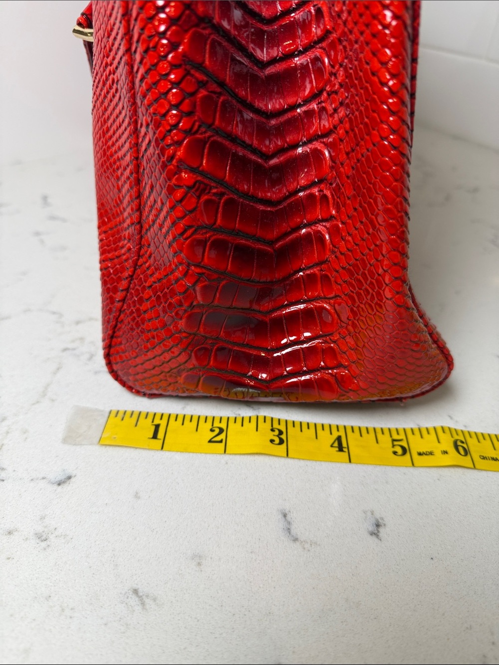 Red Snake-Embossed Shoulder Tote with Gold Hardware - Picture 14 of 14